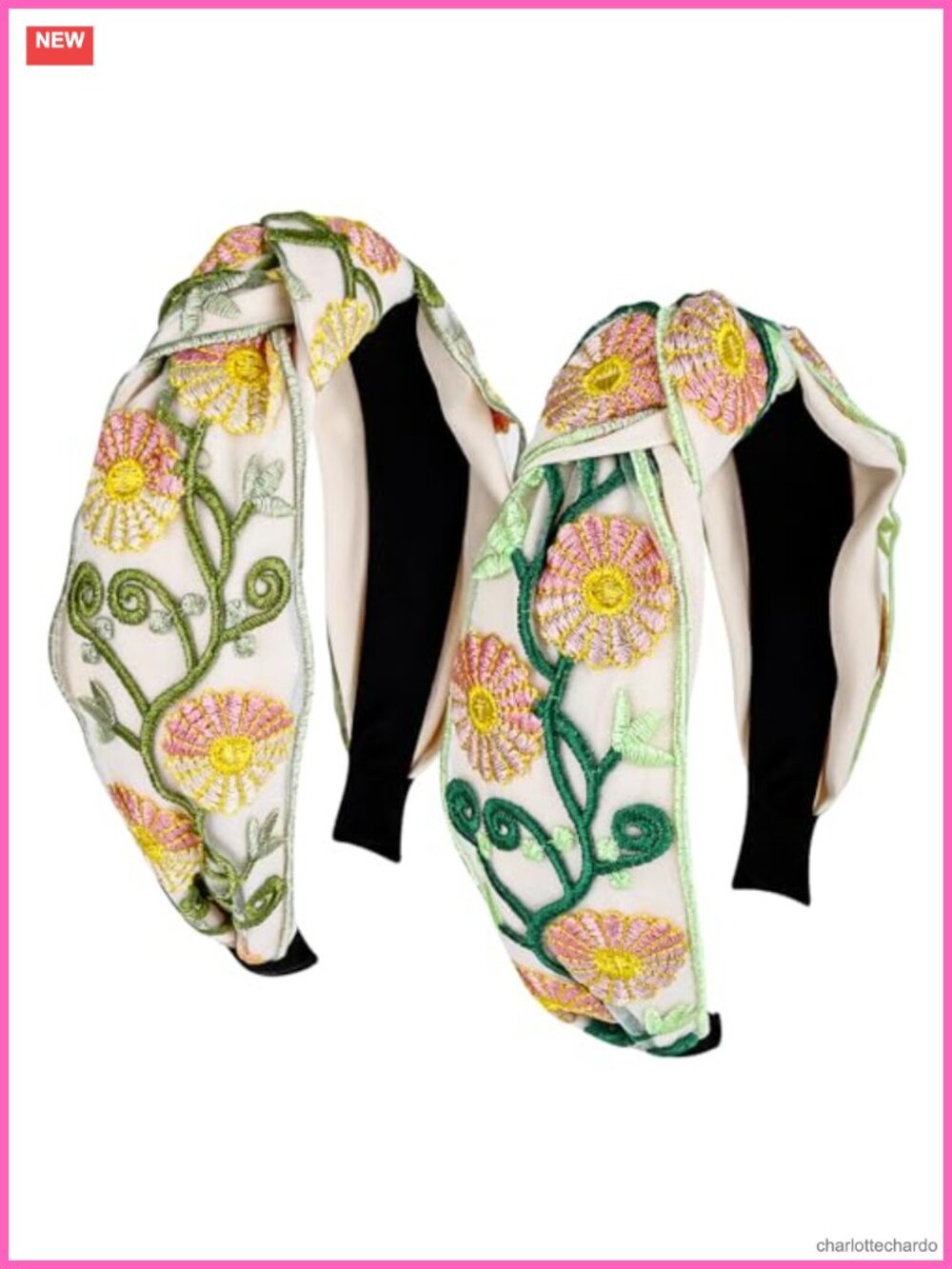 Wide Knotted Embroidered Flower Headbands 2-Piece Fabric Hair Accessories